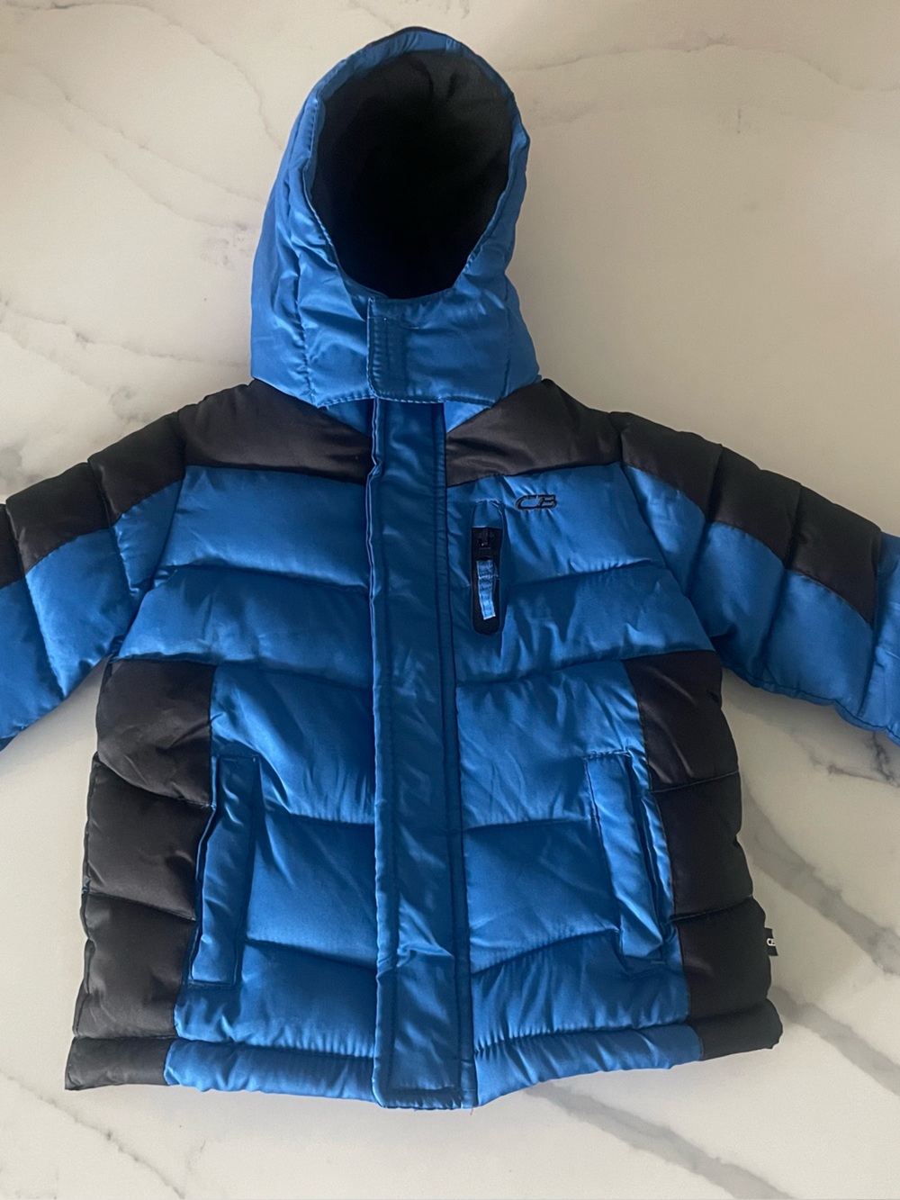 Boys' Blue & Black Hooded Puffer Jacket – Cozy Winter Coat, Size 2T